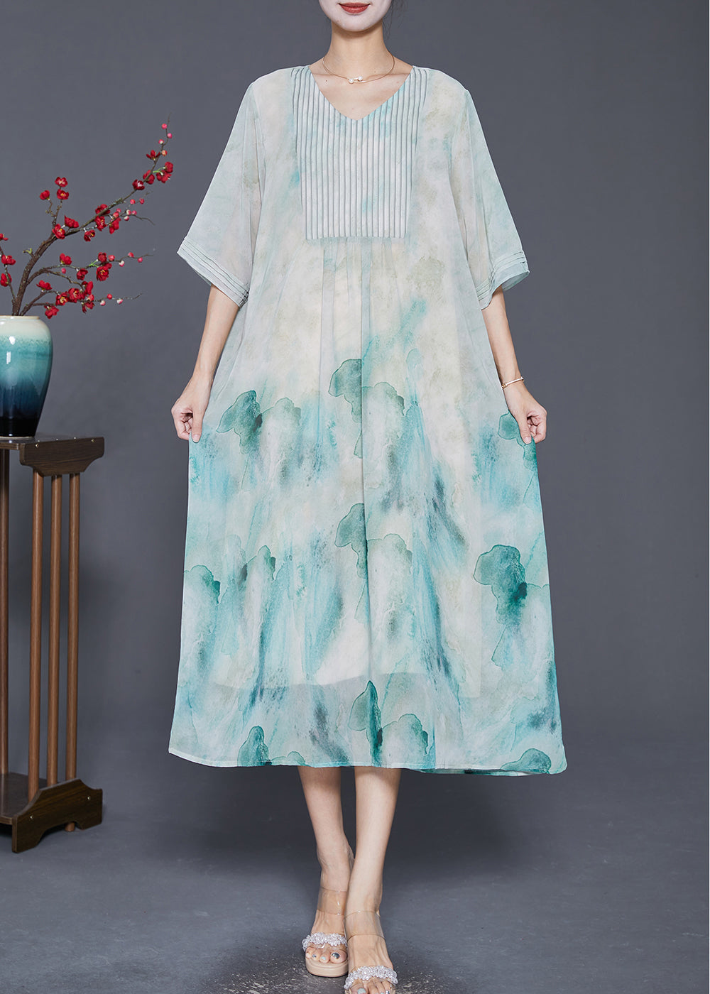 Elegant Light Green Tie Dye Wrinkled Chiffon A Line Dresses Summer