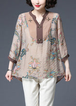 Load image into Gallery viewer, Elegant Light Chocolate V Neck Sequined Patchwork Print Chiffon Tops Half Sleeve