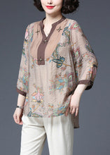 Load image into Gallery viewer, Elegant Light Chocolate V Neck Sequined Patchwork Print Chiffon Tops Half Sleeve