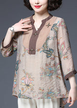 Load image into Gallery viewer, Elegant Light Chocolate V Neck Sequined Patchwork Print Chiffon Tops Half Sleeve