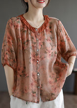 Load image into Gallery viewer, Elegant Orange Ruffled Print Patchwork Linen Shirt Top Summer