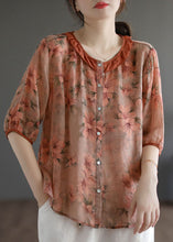 Load image into Gallery viewer, Elegant Orange Ruffled Print Patchwork Linen Shirt Top Summer