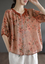 Load image into Gallery viewer, Elegant Orange Ruffled Print Patchwork Linen Shirt Top Summer