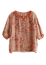 Load image into Gallery viewer, Elegant Orange Ruffled Print Patchwork Linen Shirt Top Summer