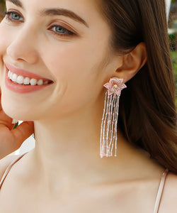 Elegant Pink Hand Knitting Rice Ball Floral Tassel Drop Earrings