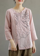 Load image into Gallery viewer, Elegant Pink O-Neck Button Embroideried Fall Linen Long Sleeve Top