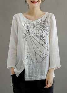 Elegant Pink O-Neck Button Embroideried Fall Linen Long Sleeve Top