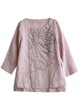 Load image into Gallery viewer, Elegant Pink O-Neck Button Embroideried Fall Linen Long Sleeve Top