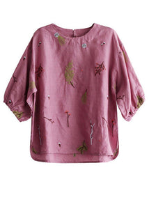 Elegant Pink O-Neck Embroideried Summer Linen Blouses
