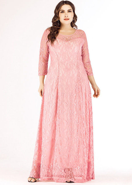 Elegant Pink O Neck Patchwork Lace Long Dress Bracelet Sleeve