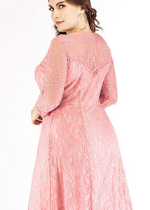 Elegant Pink O Neck Patchwork Lace Long Dress Bracelet Sleeve