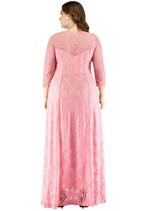 Elegant Pink O Neck Patchwork Lace Long Dress Bracelet Sleeve