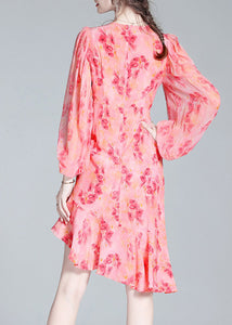 Elegant Pink O-Neck Print Tunic Slim Vacation Long Dresses Lantern Sleeve