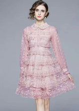 Load image into Gallery viewer, Elegant Pink Peter Pan Collar Ruffles Patchwork Mid Dress Long Sleeve