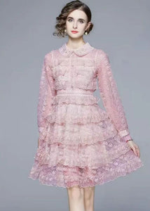 Elegant Pink Peter Pan Collar Ruffles Patchwork Mid Dress Long Sleeve