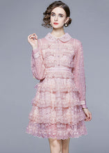 Load image into Gallery viewer, Elegant Pink Peter Pan Collar Ruffles Patchwork Mid Dress Long Sleeve