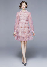 Load image into Gallery viewer, Elegant Pink Peter Pan Collar Ruffles Patchwork Mid Dress Long Sleeve