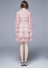 Load image into Gallery viewer, Elegant Pink Peter Pan Collar Ruffles Patchwork Mid Dress Long Sleeve