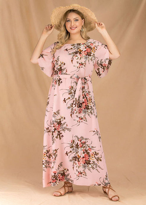 Elegant Pink Print Tie Waist Patchwork Chiffon Long Dresses Flare Sleeve