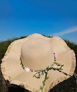 Elegant Pink Straw Woven Beach Floppy Sun Hat