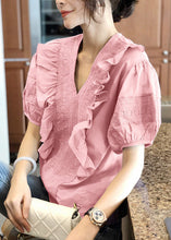 Load image into Gallery viewer, Elegant Pink V Neck Ruffled Top Short Sleeve