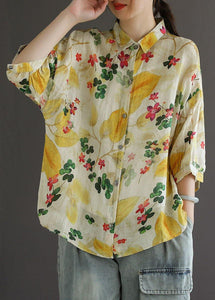 Elegant Print Peter Pan Collar Button Summer Linen Top Three Quarter Sleeve