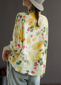 Elegant Print Peter Pan Collar Button Summer Linen Top Three Quarter Sleeve