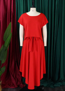 Elegant Red Asymmetrical Tie Waist Chiffon Tops And Maxi Skirts Two Pieces Set Summer