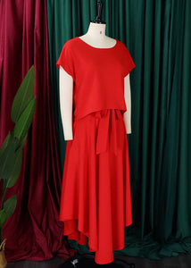 Elegant Red Asymmetrical Tie Waist Chiffon Tops And Maxi Skirts Two Pieces Set Summer