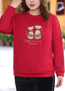 Elegant Red O-Neck Print Sweatshirt Fall