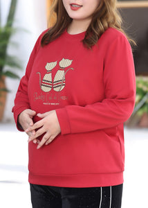 Elegant Red O-Neck Print Sweatshirt Fall