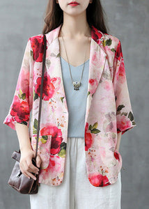 Elegant Red Peter Pan Collar Print Button Linen Coats Summer