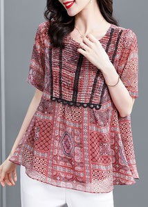 Elegant Red Print Wrinkled Chiffon Blouse Top Summer