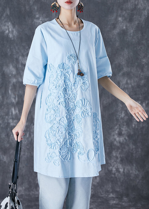 Elegant Sky Blue Embroideried Linen Mid Dress Summer