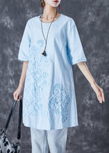 Load image into Gallery viewer, Elegant Sky Blue Embroideried Linen Mid Dress Summer