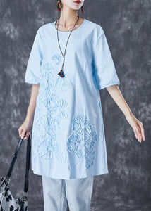 Elegant Sky Blue Embroideried Linen Mid Dress Summer