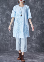 Load image into Gallery viewer, Elegant Sky Blue Embroideried Linen Mid Dress Summer