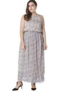 Elegant Slash Neck Wrinkled Patchwork Chiffon Maxi Dress Sleeveless