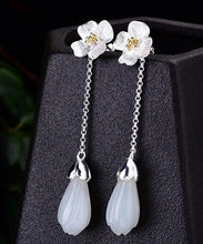 Load image into Gallery viewer, Elegant White Sterling Silver Inlaid Jade Floral Drop Earrings