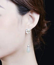 Load image into Gallery viewer, Elegant White Sterling Silver Inlaid Jade Floral Drop Earrings