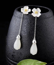 Load image into Gallery viewer, Elegant White Sterling Silver Inlaid Jade Floral Drop Earrings