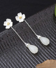 Load image into Gallery viewer, Elegant White Sterling Silver Inlaid Jade Floral Drop Earrings