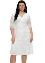 Load image into Gallery viewer, Elegant White V Neck Patchwork Lace Mid Dresses Short Sleeve