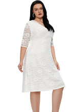 Load image into Gallery viewer, Elegant White V Neck Patchwork Lace Mid Dresses Short Sleeve