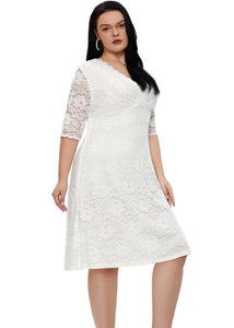 Elegant White V Neck Patchwork Lace Mid Dresses Short Sleeve