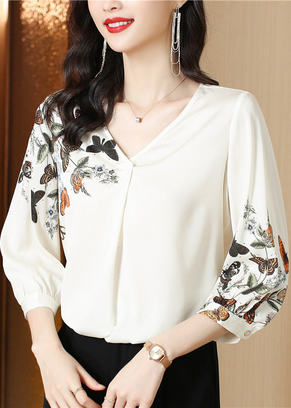 Elegant White V Neck Print Silk Top Long Sleeve