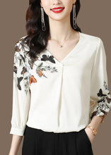 Load image into Gallery viewer, Elegant White V Neck Print Silk Top Long Sleeve