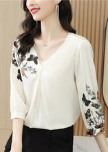 Load image into Gallery viewer, Elegant White V Neck Print Silk Top Long Sleeve