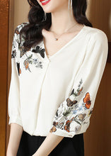 Load image into Gallery viewer, Elegant White V Neck Print Silk Top Long Sleeve