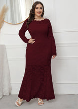 Load image into Gallery viewer, Elegant Wine Red Hollow Out Patchwork Lace Fishtail Dress Long Sleeve